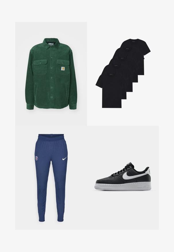 Carhartt WIP WHITSOME - Light jacket - sycamore tree; Pack of five black crew-neck t-shirts. Short sleeves, cotton material, standard fit. Smooth texture with no visible patterns or embellishments.; Navy athletic pants made of textured fabric featuring a Paris logo on the left thigh and a white Nike swoosh on the right.; Black leather sneaker with textured surface, white Nike swoosh, gray sole, round toe, and lace-up design. Features perforations on toe box.