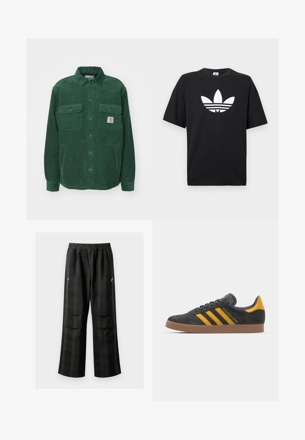 Carhartt WIP WHITSOME - Giacca da mezza stagione - sycamore tree; T-shirt in cotone nero con maniche corte, caratterizzato da un grande logo Adidas bianco e tre strisce orizzontali sulla parte inferiore. Design classico con collo a giro.; Pantaloni a quadri neri con vita elasticizzata, due tasche frontali e una vestibilità ampia con design a gamba dritta. Realizzati in materiale leggero.; Sneaker in suede nero con dettagli gialli, dotato di tre strisce e una suola in gomma marrone. Include una linguetta imbottita per il comfort.