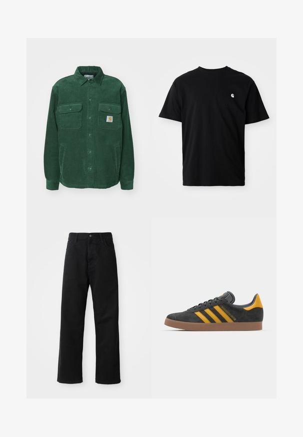 Carhartt WIP WHITSOME - Light jacket - sycamore tree; Black cotton t-shirt with a round neck, short sleeves, and a small white logo on the left chest area. Side seams visible. Soft texture.; Black denim pants with a straight cut, featuring front pockets, a zip fly, and a single top button. Textured fabric with a matte finish.; Black suede sneaker with yellow accents, featuring three stripes and a brown rubber sole. Includes a padded tongue for comfort.