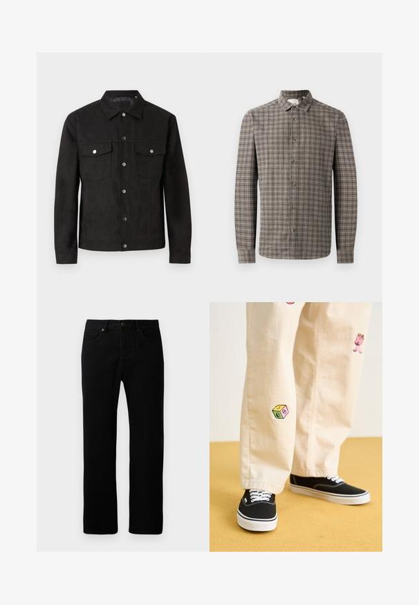 Giacca in suede nera con chiusura a bottoni, due tasche sul petto e bottoni a pressione in metallo. Presenta un colletto classico e una texture liscia.; Camicia a maniche lunghe con bottoni in un motivo a quadri marrone e grigio, caratterizzata da un colletto classico e chiusure a bottoni lungo la parte anteriore.; Jeans in denim nero con design a gamba dritta, stile a cinque tasche, chiusura frontale con bottone e dettagli di cucitura sottili.; Pantaloni di cotone beige con divertenti ricami che includono un personaggio rosa e un blocco colorato, abbinati a sneaker nere con lacci.