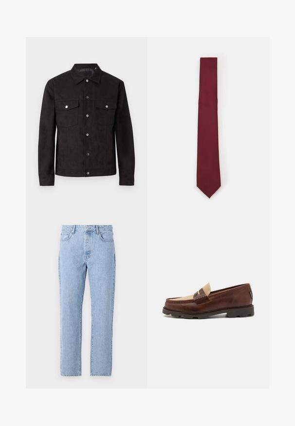 Black suede jacket with a button-up front, two chest pockets, and metal snap buttons. Features a classic collar and smooth texture.; White long-sleeve button-up shirt made of smooth fabric. Features a classic collar, front buttons, and single-button cuffs. Slim fit design.; Light blue denim jeans with a straight-leg design, five pockets, and a button-fly closure. Soft texture with a classic faded finish.; Brown leather loafers with a taupe canvas accent, stitched detail, and a textured rubber sole designed for comfort and durability.; Burgundy silk tie, narrow shape with a solid texture. Features a pointed tip, consistent color, and smooth finish.
