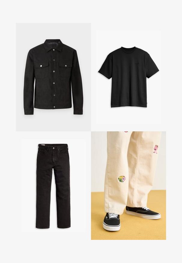 Fekete szövetkabát gombos elülső résszel, két mellzsebbel és fémből készült patent gombokkal. Klasszikus gallérral és sima felülettel rendelkezik.; Fekete pamut póló kerek nyakkal és rövid ujjakkal. Diszkrét elülső logóval és egyenes szegéllyel rendelkezik. Egyszerű és minimalista dizájn.; Fekete egyenes szárú farmernadrág öt zsebbel, gombos záródással és övhurkokkal, fehér háttéren elhelyezve.; Beige pamut nadrág játékos hímzett mintákkal, beleértve egy rózsaszín karaktert és színes blokkot, fekete fűzős tornacipővel párosítva.