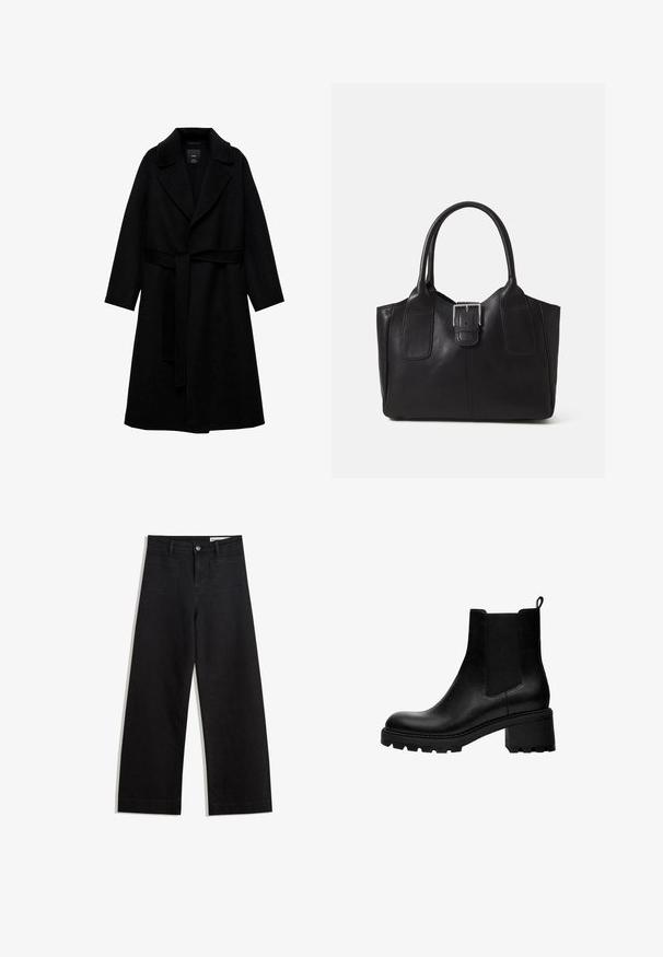 Sort uldblandingsfrakke med notched krave, lange ærmer og et matchende bælte i taljen. Har et minimalistisk design og en glat tekstur.; Sort langærmet crewneck-sweater med ribbede ærmekanter og kant nederst, vist fladt på en hvid baggrund.; Sorte wide-leg denim bukser med høj talje, der har front- og baglommer, syede sømme og en knaplukning. Glat tekstur.; Sorte læder ankelstøvler med rund tå, elastiske sidepaneler og en robust blokhæl. Struktureret sål for godt greb.; Sort læder tote taske med glat tekstur, struktureret form, to håndtag og en fremtrædende sølvspænde detalje på forsiden.