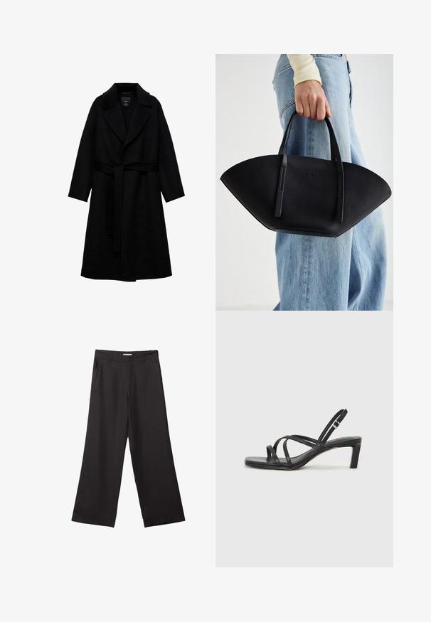 Sort uldblandingsfrakke med notched krave, lange ærmer og et matchende bælte i taljen. Har et minimalistisk design og en glat tekstur.; Sort striktrøje med lange ærmer, polstrede skuldre og ribkantede manchetter og kant, vist mod en hvid baggrund.; Sorte bukser med vidde, lavet af glat stof, med en frontlynlås og to sidelommer, i en skræddersyet pasform og minimalistisk design.; Sort remsandale med firkantet tå og en lav blokeret hæl. Har flere tynde stropper og en justerbar ankelrem. Fremstillet af glat læder.; Sort læderhåndtaske med en unik vifteform, der har flade håndtag. Overfladen har en pebblelignende tekstur og et minimalistisk design.