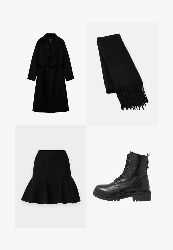 Sort uldblandingsfrakke med notched krave, lange ærmer og et matchende bælte i taljen. Har et minimalistisk design og en glat tekstur.; Sort turtleneck sweater lavet af blød strikket stof. Har lange ærmer og et tætsiddende design med en lige kant.; Sort flagrende nederdel lavet af blødt stof. Har en tætsiddende talje og en bølget kant, der skaber et lagdelt udseende.; Sort læder ankelstøvle med rund tå, snørebånd foran og struktureret gummisål. Har en hanke bagpå og forstærket syning.; Sort tørklæde lavet af et blødt, tekstureret stof. Har frynsede kanter og en rektangulær form, der er velegnet til at drape omkring halsen.; Sort læderhåndtaske med en rund form, tekstureret overflade, guld hardware-detaljer og lynlås-lukning. Logoet vises nederst.