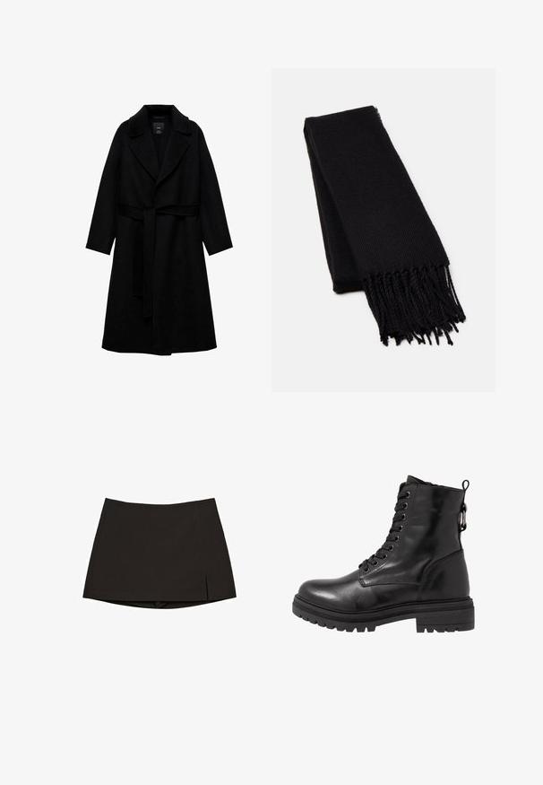 Schwarzer Wollmischmantel mit Reverskragen, langen Ärmeln und einem passenden Gürtel in der Taille. Verfügt über ein minimalistisches Design und eine glatte Textur.; Schwarzer Rollkragenpullover aus weichem Strickstoff. Mit langen Ärmeln und einer engen Passform sowie einem geraden Saum.; Schwarzer Minirock aus glattem Stoff, mit geradem Schnitt, Seitenschlitzen und sauberem Saum. Einfach und vielseitig.; Schwarze Leder-Stiefelette mit runder Zehenpartie, Schnürung vorne und strukturiertem Gummi-Sohle. Verfügt über eine Zuglasche hinten und verstärkte Nähte.; Schwarzer Schal aus weichem, strukturiertem Stoff. Hat fransige Ränder und eine rechteckige Form, ideal zum Drapieren um den Hals.
