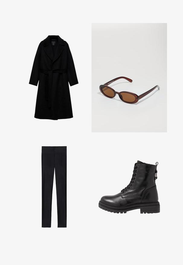 Sort uldblandingsfrakke med notched krave, lange ærmer og et matchende bælte i taljen. Har et minimalistisk design og en glat tekstur.; Sort turtleneck sweater lavet af blød strikket stof. Har lange ærmer og et tætsiddende design med en lige kant.; Sorte leggings lavet af strækbart stof; har en glat overflade, fuld længde design og en elastisk talje uden synlige sømme.; Sort læder ankelstøvle med rund tå, snørebånd foran og struktureret gummisål. Har en hanke bagpå og forstærket syning.; Runde, bruntonede solbriller med en glansfuld bordeauxramme. Slanke arme med diskret brandingdetalje. Flad linsedesign.; Brun læderhåndtaske med et struktureret design. Har en frontklap, dobbelt håndtag, en aftagelig skulderrem og et blomster tørklæde bundet på den ene side.; Sorte læderhandsker med tre særskilt fingersektioner og én tommelfingersektion, med elastiske manchetter for en tæt pasform. Glat tekstur.