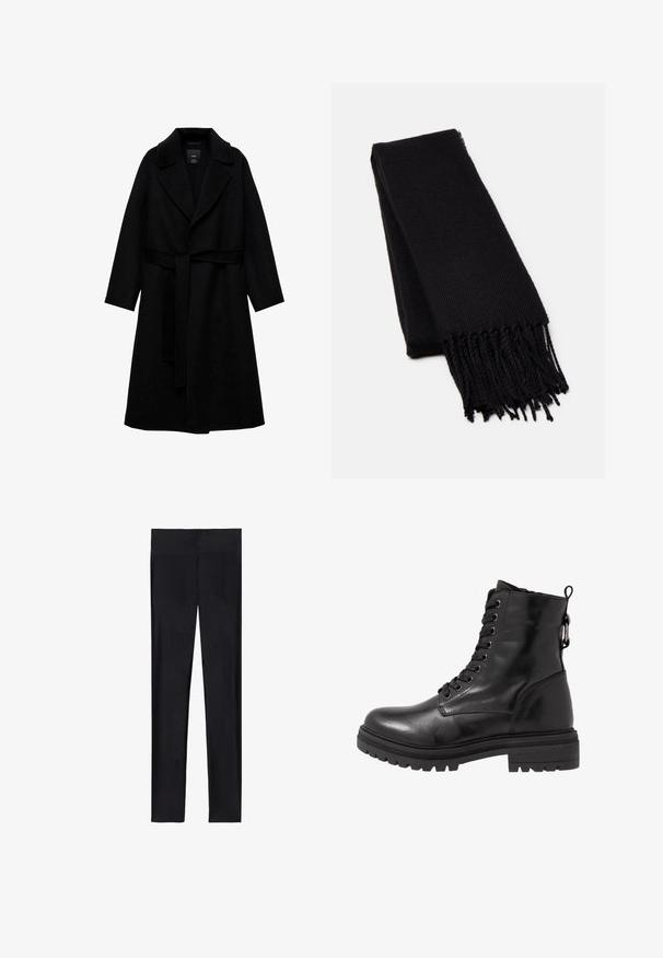 Sort uldblandingsfrakke med notched krave, lange ærmer og et matchende bælte i taljen. Har et minimalistisk design og en glat tekstur.; Sort turtleneck sweater lavet af blød strikket stof. Har lange ærmer og et tætsiddende design med en lige kant.; Sorte leggings lavet af strækbart stof; har en glat overflade, fuld længde design og en elastisk talje uden synlige sømme.; Sort læder ankelstøvle med rund tå, snørebånd foran og struktureret gummisål. Har en hanke bagpå og forstærket syning.; Sort tørklæde lavet af et blødt, tekstureret stof. Har frynsede kanter og en rektangulær form, der er velegnet til at drape omkring halsen.