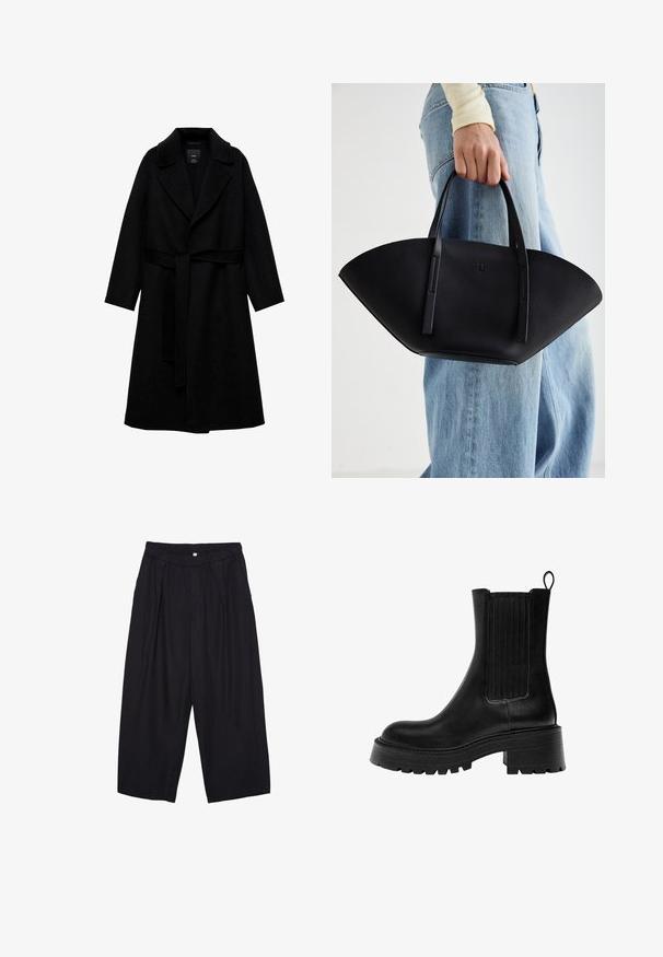 Čierny kabát z vlnenej zmesi s rozparkovým golierom, dlhými rukávmi a zladeným opaskom v páse. Obsahuje minimalistický dizajn a hladkú textúru.; Čierne tričko s krátkym rukávom vyrobené z mäkkého materiálu, s okrúhlym výstrihom a voľným strihom, s hladkou textúrou a bez vzorov.; Čierne polyesterové culotte nohavice s elastickým pásom, dvoma prednými záhybmi a voľným strihom. Žiadne viditeľné vzory ani detaily z kovu.; Čierne kožené členkové topánky s robustnou podrážkou, textúrovanými bočnými panelmi a pútkom na zadnej strane. Majú hladký povrch a zaoblenú špičku.; Čierna kožená kabelka s jedinečným tvarom ventilátora, so plochými držadlami. Povrch má štruktúru s brúseným efektom a minimalistic design.