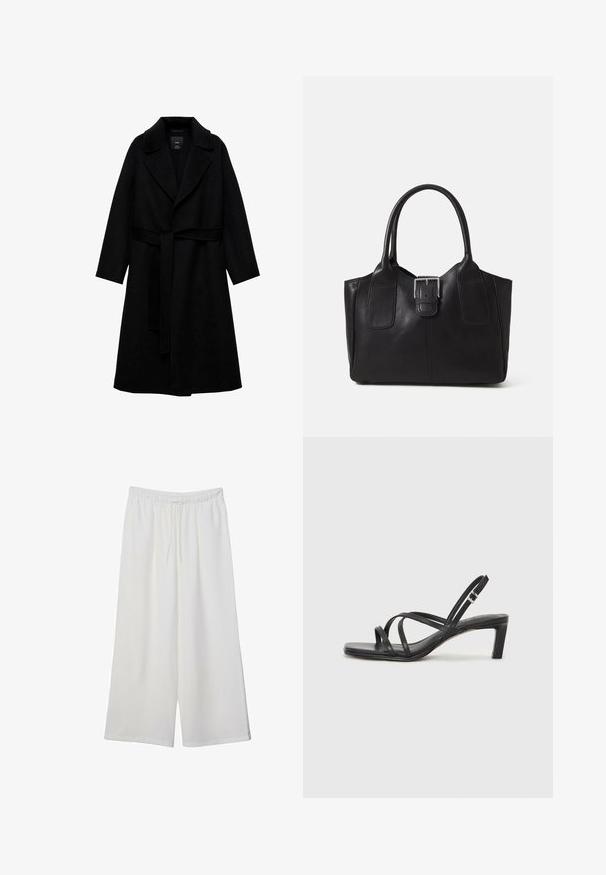 Sort uldblandingsfrakke med notched krave, lange ærmer og et matchende bælte i taljen. Har et minimalistisk design og en glat tekstur.; Hvid kortærmet t-shirt lavet af bomuld. Har en rund halsudskæring og en afslappet pasform. Glat tekstur uden synlige mønstre eller detaljer.; Hvide vidde bukser lavet af letvægtsstof, med en elastisk talje og snøre for justerbar pasform. Glat tekstur.; Sort remsandale med firkantet tå og en lav blokeret hæl. Har flere tynde stropper og en justerbar ankelrem. Fremstillet af glat læder.; Sort læder tote taske med glat tekstur, struktureret form, to håndtag og en fremtrædende sølvspænde detalje på forsiden.