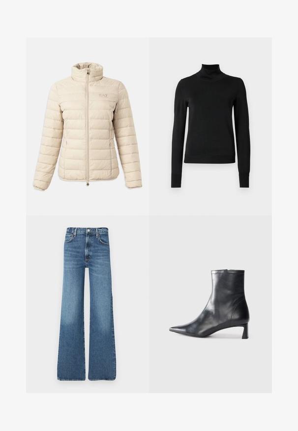 Casaco puffer acolchoado bege com colarinho alto, mangas longas, fecho na frente, bolsos laterais e logo EA7 Emporio Armani no peito.; Sweater preto de manga longa com gola alta, com punhos e bainha canelados, exposto em um fundo branco liso.; Jeans de ganga azul claro com um corte de perna larga, apresentando uma cintura alta, design standard de cinco bolsos e um desbotamento subtil nos joelhos.; Bota de tornozelo em pele preta com biqueira apontada e um design elegante. Apresenta um salto baixo e um fecho com zipper na parte de trás. Textura suave.