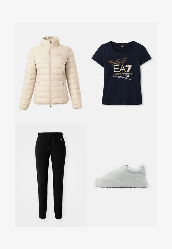 Smėlio spalvos siuvinėta pūkinė striukė su aukštu apykakle, ilgomis rankovėmis, priekyje užtrauktuku, šoniniais kišenėmis ir EA7 Emporio Armani logotipu ant krūtinės.; Tamsiai mėlynas trumpas rankovės marškinėliai, pagaminti iš medvilnės, su metalizuoto aukso grafiniu logotipu, kuriame yra tekstas ir stilizuoti erelio sparnų akcentai.; Juodos sportinės kelnės su raišteliu juosmenyje ir apkarpytais kulnais, pateiktos ant baltos fono.; Balti sportbačiai su tekstūruota odine viršūne, apvaliu pirštu ir raištelių dizainu. Storas baltas guminis padas su tekstūruota sukibimo raštu.