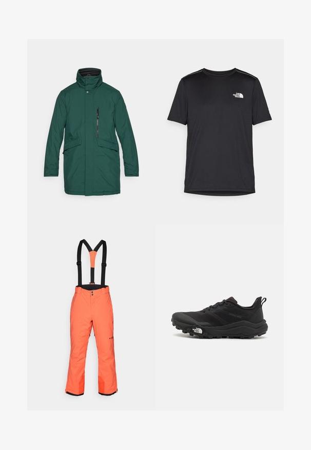 Roheline veekindel parka kõrge kaelusega, ees nupuga sulgemine, lukuga taskud, kaks küljetaskut ja sirge lõikega. Sile kangas, ilma mustriteta.; Must mustaöödiga must T-särk, mis on valmistatud kerge riidekanga. Esiküljel on vasakul rinnal väike valge logo ning õlgadel on peened aktsendid.; Columbia CIRQUE BOWL™ PANT - Suusapüksid - zing; Must tume jooksujalats musta värvi, tekstuurse ülemise osaga, kummist tallaga ja tugevdatud varbaga. Omab pehmendusega krae ja tõmblinti mugavaks selga panemiseks.