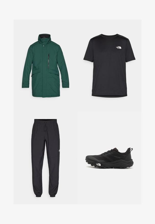 Zelená nepremokavá parka s vysokým golierom, predným zapínaním na patentky, zipsovou vreckom, dvoma bočnými vreckami a rovný strih. Hladká tkanina bez vzorov.; Čierne tričko s krátkym rukávom vyrobené z ľahkej tkaniny. Obsahuje malé biele logo na ľavej hrudi a jemné akcenty na pleciach.; Čierne športové nohavice vyrobené z ľahkej tkaniny, s elastickým pásom na šnurovanie, bočnými vreckami a zúženými manžetami na členkoch.; Čierne trailové behacie topánky s štruktúrovaným zvrškom, gumovou podrážkou a vystuženou špičkou. Obsahuje polstrovaný golier a úchyt na jednoduché obúvanie.