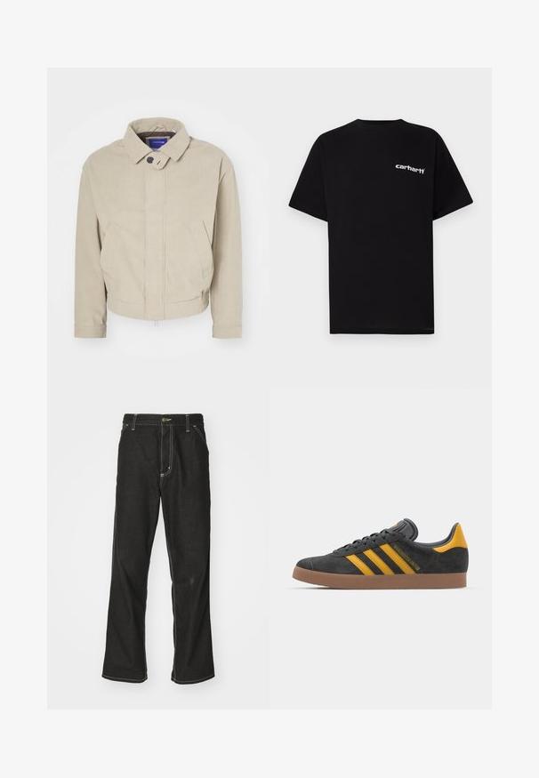 Casaco de veludo cotelê bege com gola, fecho de botão e bolsas frontais; apresenta um tecido texturizado e uma bainha encurtada.; T-shirt preta de algodão com mangas curtas, decote redondo e logótipo branco "Carhartt" no peito esquerdo. Textura suave, design minimalista.; Calças de ganga pretas de corte largo, com costuras brancas em contraste, fecho de botão e design de perna reta.; Tenis em camurça preta com detalhes amarelos, apresentando três riscas e uma sola de borracha castanha. Inclui uma língua acolchoada para maior conforto.