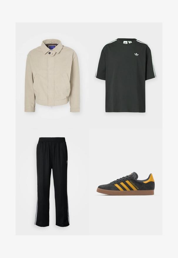 Beige corduroy jacket with a collared neckline, button closure, and front pockets; features a textured fabric and a cropped hem.; Black cotton t-shirt with short sleeves, crew neckline, and white three-stripe detailing on shoulders. Features a small white logo on chest.; Black athletic pants with an elastic waistband, featuring white side stripes and a small logo. Material appears soft and lightweight.; Black suede sneaker with yellow accents, featuring three stripes and a brown rubber sole. Includes a padded tongue for comfort.