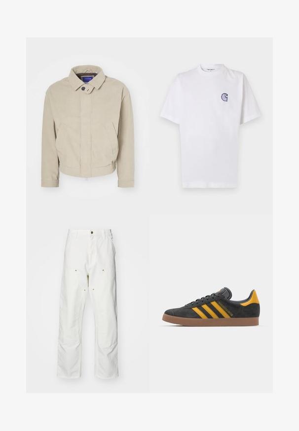 Beige corduroy jakk, millel on kraega kaelus, nööpidega sulgemine ja eesmine taskud; omab tekstuuriga kangast ja lühendatud hem.; Valge puuvillane t-särk lühikeste varrukatega, ümara kaelusega ja vasakul rinnal väike tikitud sinine "C" logo.; Valged puuvillased cargo püksid, millel on mugav lõige. Omadusteks on esikotid, kuldse riistvara aktsendid ja tugevdatud põlveosad.; Mustad sametist spordijalatsid kollaste aktsentidega, millel on kolm triipu ja pruun kummitald. Mugavuse tagamiseks on neil pehmendatud keele osa.