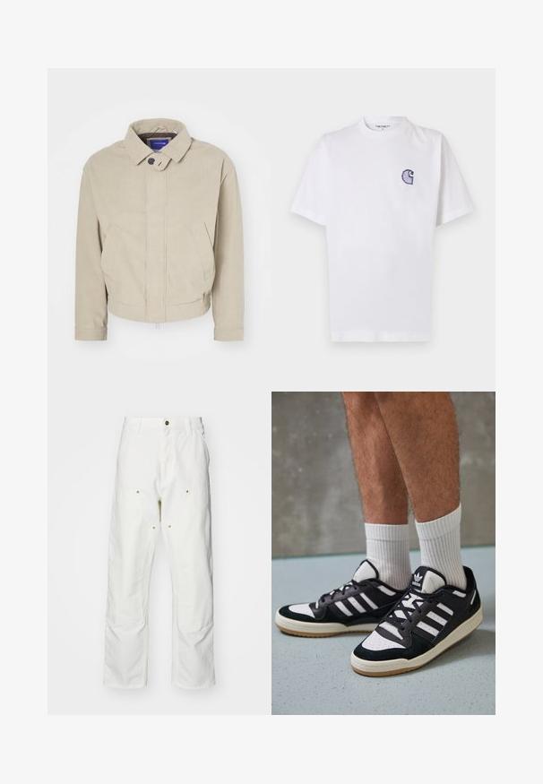 Veste en velours côtelé beige avec un col chemise, fermeture à boutons et poches avant ; présente un tissu texturé et un ourlet court.; T-shirt blanc en coton à manches courtes, col rond, avec un petit logo "C" bleu brodé sur la poitrine gauche.; Pantalons cargo en coton blanc avec une coupe décontractée. Les caractéristiques incluent des poches avant, des accents en métal doré et des sections de genoux renforcées.; Baskets noir et blanc avec une tige en suède et cuir, comportant trois rayures blanches, un bout perforé et une semelle en caoutchouc gum.