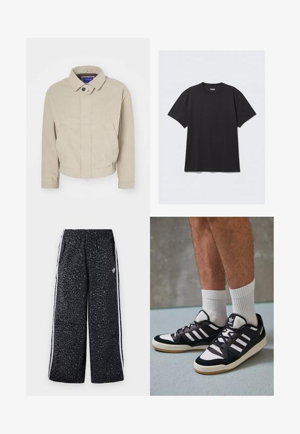 Beige kordbársony dzseki, galléros nyakkivágással, gombos záródással és elülső zsebekkel; a textúrált anyag és a rövidített passzé jellemzi.; Fekete, rövid ujjú póló, pamutból készült. Kerek nyakkivágással és laza szabással rendelkezik. Egyszerű dizájn, melyen nincsenek minták vagy díszítések.; adidas Originals GRAPHIC UNISEX - Tréningruha alsók - black; Fekete-fehér tornacipők velúr és bőr felsőrésszel, három fehér csíkkal, perforált orral és gumi talppal.