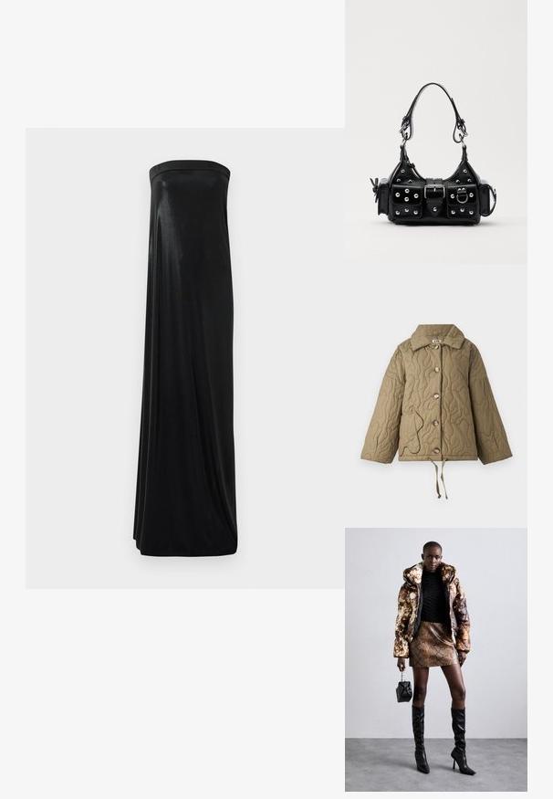 Quilted jacket in olive green with a structured collar, large buttons, and an adjustable drawstring at the hem. Features a contrasting pocket outline.; Black strapless maxi dress made of smooth, shiny fabric. Features a fitted bodice and flowing silhouette, reaching the floor without embellishments.; Puffer jacket with a brown and black pattern, paired with a brown snake print mini skirt, black knee-high boots, and a small black bag.; Black leather handbag with a curved design, featuring silver studs, a buckle, and two side pockets. Adjustable strap for carrying options.