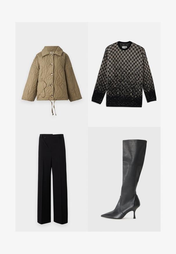 Jachetă matlasată de culoare verde măslinie, cu un guler structurat, nasturi mari și un șnur ajustabil în partea de jos. Prezintă un contur contrastant al buzunarului.; Pulover tricotat cu un model în diamant în nuanțe de bej și negru, cu o degradare graduală a culorilor. Guler rotund și mâneci lungi. Textură moale.; Pantaloni negri cu picioare largi, cu fața plată, închidere cu nasture și textură de fabrică netedă. Prezintă o croială dreaptă și linii clare.; Botine din piele neagră, până la genunchi, cu vârf ascuțit și toc subțire stiletto. Textură netedă, cu un design ajustat și cusături la marginea superioară.