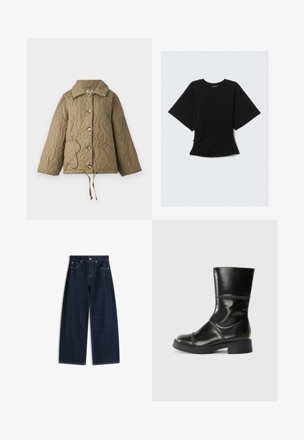 Gequiltede jas in olijfgroen met een gestructureerde kraag, grote knopen en een verstelbare koord aan de onderkant. Heeft een contrasterende zakomranding.; Zwart oversized t-shirt met korte mouwen en een ronde hals, met een iets getailleerde taille tegen een effen lichte achtergrond.; Donkerblauwe denim jeans met wijde pijpen, voorzakken, knoopsluiting en zichtbare stiksels op een witte achtergrond.; Zwarte leren enkelboot met een ronde neus, een gladde afwerking, contrasterende stiksels en een blokhak, met een licht taps toelopend silhouet.
