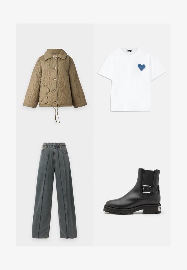 Kurtka pikowana w oliwkowym kolorze z usztywnionym kołnierzem, dużymi guzikami oraz regulowanym sznurkiem u dołu. Posiada kontrastowe obramowanie kieszeni.; Biała bawełniana koszulka z krótkim rękawem i okrągłym dekoltem. Zawiera niebieską dżinsową łatkę w kształcie serca po lewej stronie klatki piersiowej, z tekstem poniżej.; Szerokie ciemnoszare dżinsy z wysokim stanem, z postrzępionymi detalami szwów biegnącymi pionowo wzdłuż przodu oraz klasycznym pięciopocketowym wzorem.; The Kooples - Botki kowbojki i motocyklowe
