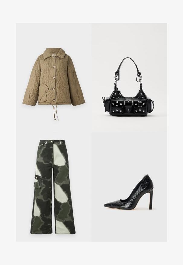Quiltet jakke i olivengrøn med en struktureret krave, store knapper og en justerbar snor i kanten. Har en kontrastfarvet lommeomrids.; Grå ribbet top med en tætsiddende design, brede armhuller og en rund halsudskæring. Fremstillet af blødt bomuldsstof med en glat tekstur.; Bredde cargo bukser i mørkegrøn og lysegrå camouflage mønster. Har sidelomme og metalknap, fremstillet af slidstærkt bomuldsstof.; Sorte spidse tå stiletto-sko i krokodilleskind med et strømlinet design, høj hæl og glat sort inderside.; Sort læderhåndtaske med et buet design, prydet med sølvfarvede nitter, en spænde og to sidelommer. Justerbar rem til forskellige bære muligheder.