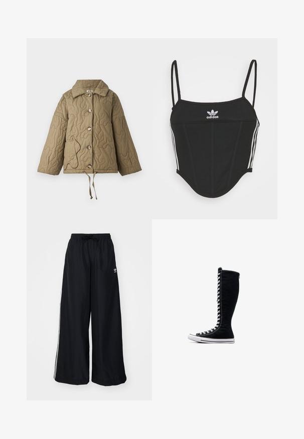 Quiltet jakke i olivengrøn med en struktureret krave, store knapper og en justerbar snor i kanten. Har en kontrastfarvet lommeomrids.; Sort ribbet crop top med justerbare tynde stropper, der har tre hvide striber på siderne og et lille hvidt Adidas-logo i midten.; Sorte vide bukser lavet af letvægtsstof. Har en elastisk talje med snøre og hvide sidelister. Brandlogo på hoften.; Sorte høje sneakers med et højt design, lavet af kanvas. Har hvide snørebånd, syninger og en gummisål med en tåhætte.