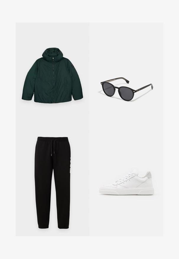 Jachetă puffer de culoare verde închis, cu guler înalt și glugă detașabilă, având un fermoar central și două buzunare laterale. Textură netedă, branding minim.; Pulover negru cu guler înalt dintr-un material tricotat neted. Dispune de mâneci lungi, un guler ajustat și manșete și tiv cu dantelă pentru o potrivire strânsă.; KARL LAGERFELD PANTS - Pantaloni de trening - black; Adidași din piele albă cu un finisaj neted, vârf rotunjit, șireturi plate și o talpă texturată. Accente din piele întoarsă gri la călcâi.; BOSS Ochelari de soare - black