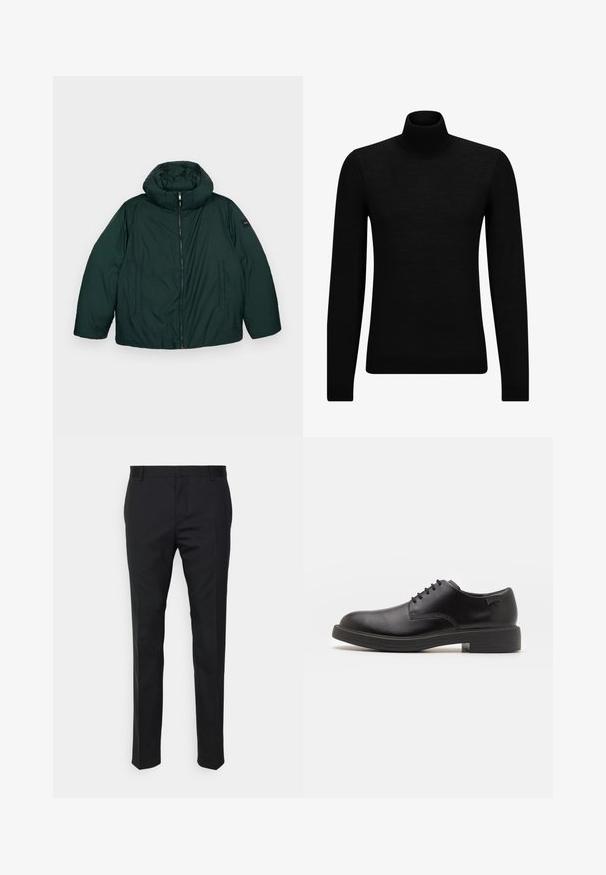 Mørkegrønn dunjakke med høy krage og avtakbar hette, med en sentral glidelås og to sidelommer. Glatt tekstur, minimal merkevare.; Svart genser med høy hals laget av mykt materiale, med lange ermer og en tettsittende passform. Ribbestrikket kant nederst og ved ermene. Enkelt design.; Svarte skreddersydde bukser med rett passform, laget av glatt materiale. Har beltehemper og pressfolddetaljer foran.; Svart lær snøre sko med rund tå, glatt tekstur, minimal søm, og lav gummihæl. Logo på hælen.