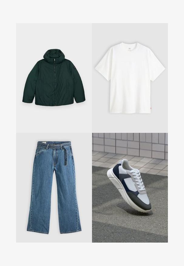 Tmavozelená puffová bunda s vysokým golierom a odnímateľnou kapucňou, so stredným zipsom a dvoma bočnými vreckami. Hladká textúra, minimálne značkovanie.; Biela tričko s krátkym rukávom vyrobené z bavlny s klasickým výstrihom. Má jemne embosované logo na prednej strane a červenú etiketu na leme.; Modré džíny širokého strihu s pripevneným opaskom, prednými vreckami a viditeľným stehom na jednoduchom svetlom pozadí.; Biele, námornícke a šedé tenisky s kombinovaným materiálom, so štruktúrovaným zvrškom, plochými šnúrkami a polstrovanou podošvou.