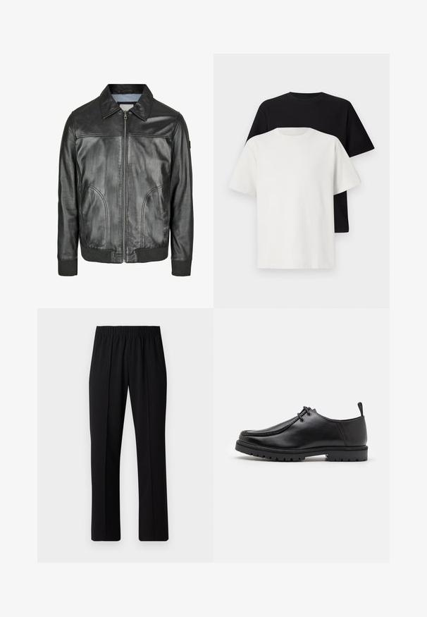 Černá kožená bunda s předním zipem, špičatým límečkem a žebrovanými manžetami. Obsahuje dvě boční kapsy a hladkou texturu.; Sada bavlněných triček, která obsahuje černé a bílé tričko, obě s krátkým rukávem, kulatým výstřihem a standardním střihem. Texturovaná látka.; Černé kalhoty s elastickým pasem a rovnými nohavicemi, s hladkým povrchem a bez viditelných vzorů nebo kovových doplňků.; Černé kožené šněrovací boty s robustní podrážkou a poutkem na patě, zobrazené ze strany na bílém pozadí.
