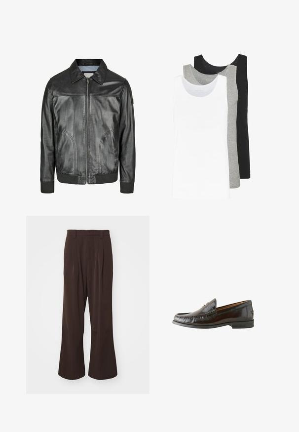 Juodas odinis švarkas su užtrauktuku priekyje, smailiu apykakle ir raukšlėtais rankogaliais. Yra dvi šoniniai kišeniai ir lygi tekstūra.; Trys marškiniai be rankovių baltos, pilkos ir juodos spalvų. Kiekvienas iš jų turi klasikinį dizainą, pagamintas iš lengvos medvilnės audinio su raštuotu paviršiumi.; Kavos platėjančios kelnės su aukštu liemeniu, su priekinėmis klostėmis ir diržo kilpom, pagamintos iš lygios, lengvos medžiagos.; Rudi odiniai loafersai su lygiu paviršiumi, siuvinėtų detalių, žemu kulnu ir apvaliu pirštu. Padas juodas, guminis, užtikrinantis sukibimą.
