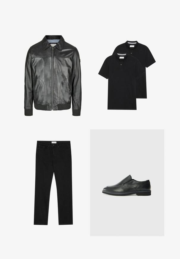 Juodas odinis švarkas su užtrauktuku priekyje, smailiu apykakle ir raukšlėtais rankogaliais. Yra dvi šoniniai kišeniai ir lygi tekstūra.; Du žaidimų juodos polo marškiniai, trumpomis rankovėmis, pagaminti iš medvilnės, su klasikinėmis apykaklėmis, dviem mygtukais priekyje ir baltais dryžiais apykaklės viduje.; Juodos tiesios kojų džinsai su penkių kišenių dizainu, mygtuko ir užtrauktuko uždarymu bei "Pier One" prekės ženklo etikete ant juosmens.; Juodai odiniai įtvirtinimo batai su lygiu paviršiumi, siuvinėjimo akcentais, apvalia nosimi ir žemu guminiu kulnu. Pado raštas minimalus.