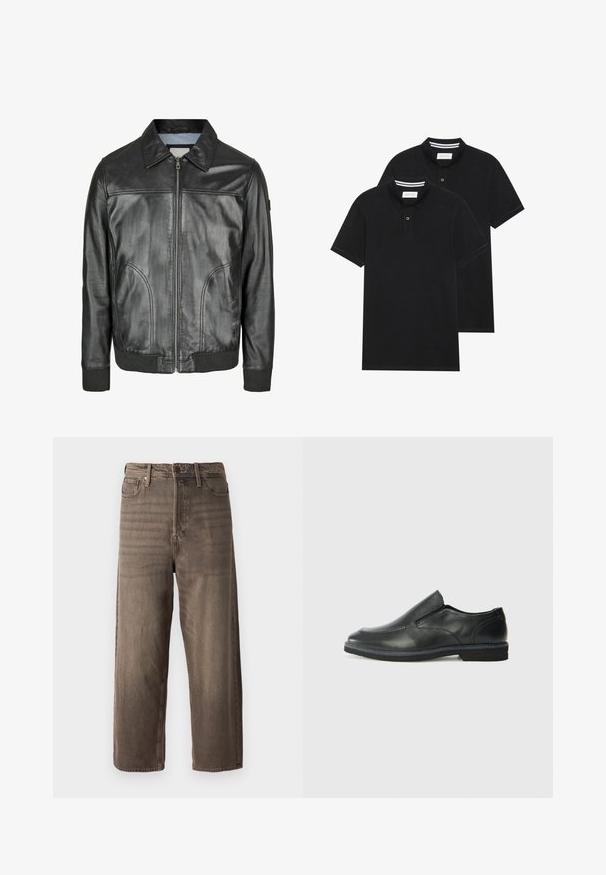 Must must nahkjakken, millel on lukuga esikülg, terav krae ja soonikutega varrukad. Omab kahte küljetaskut ja sile tekstuur.; Kaks musta polo särki, lühikeste varrukatega, puuvillane materjal, klassikalise kraega, kahe nupuga kinnitusega, valgete triipudega krae sisepinnal.; Prunad laiad teksapüksid, mis on valmistatud denimist. Omab lukuga kannet, vöölukke ja viit taskut. Kangas näitab tuhmuvat, tekstuurset välimust.; Must musta laia suuga king, millel on sile ülemine osa, õmmeldud detailid, ümmargune nina ja madal kummist konts. Tallal on minimaalne mustr.