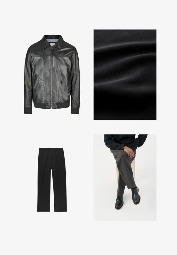 Giacca in pelle nera con zip frontale, colletto a punta e polsini a costine. Presenta due tasche laterali e una texture liscia.; Tessuto nero con una texture liscia e leggermente lucida, caratterizzato da pieghe e grinze sottili che evidenziano la sua qualità morbida e flessibile.; Pantaloni neri con un design a gamba dritta, realizzati in un tessuto liscio. Presentano pieghe frontali e una chiusura a un bottone in vita.; Scarpe stringate in pelle nera con finitura lucida, abbinate a pantaloni grigi su misura, mostrate in una posizione seduta su uno sfondo bianco.