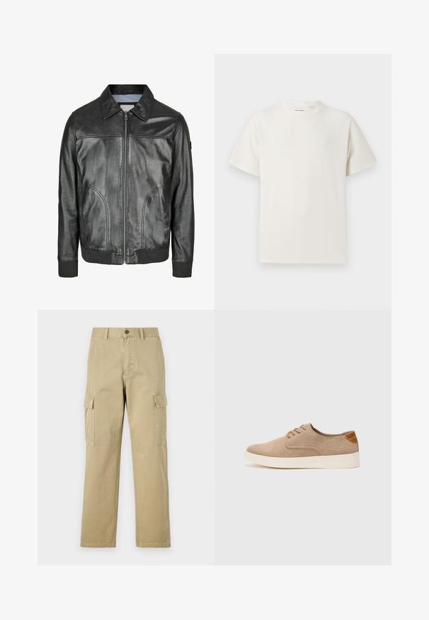 Czarna skórzana kurtka z zamkiem z przodu, spiczastym kołnierzem i ściągaczami u rękawów. Posiada dwie boczne kieszenie i gładką teksturę.; Biała krótka koszulka z krótkim rękawem o żebrowanej fakturze. Okrągły dekolt, luźny krój, brak widocznych wzorów lub akcentów. Prosty i uniwersalny design.; Beżowe spodnie cargo wykonane z bawełny, z dwoma bocznymi kieszeniami, z zapięciem na guzik oraz prostymi nogawkami z lekko teksturowanej tkaniny.; Beżowe zamszowe sneakersy z okrągłym noskiem, sznurowanym przodem i teksturowanym akcentem na tyle. Biała gumowa podeszwa tworzy kontrast. Prosty i nowoczesny design.
