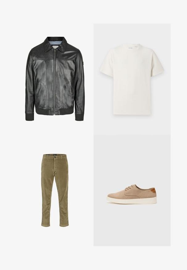 Zwarte leren jas met een ritssluiting aan de voorkant, een puntige kraag en geribde manchetten. Beschikt over twee zijzakken en een gladde textuur.; Witte korte mouwen T-shirt met ribbelstructuur. Ronde hals, ontspannen pasvorm, geen zichtbare patronen of accenten. Eenvoudig en veelzijdig ontwerp.; Jack & Jones JWHACE JJHARVEY - Broek - elmwood; Beige suède sneakers met een ronde neus, vetersluiting aan de voorkant en een getextureerde achteraccent. De witte rubberen zool zorgt voor contrast. Eenvoudig en modern ontwerp.