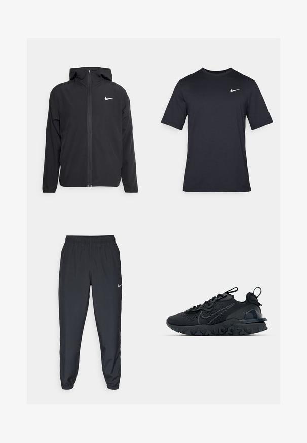 Zwarte Nike-jas met capuchon, volledige ritssluiting en een subtiele witte logo op de linkerborst. Gladde textuur en lichtgewicht ontwerp.; Zwart T-shirt met korte mouwen van Nike, gemaakt van gladde stof, met een wit swoosh-logo op de bovenlinkerzijde, ronde hals.; Zwarte trainingsbroek van lichtgewicht materiaal met een elastische tailleband, enkelmanchetten en een discreet Nike-logo aan de linkerkant.; Zwarte sportieve schoen met een ademende bovenkant van mesh, gestructureerde accenten en een golvende rubberen zool. Heeft een reflecterende logo en vetersysteem.