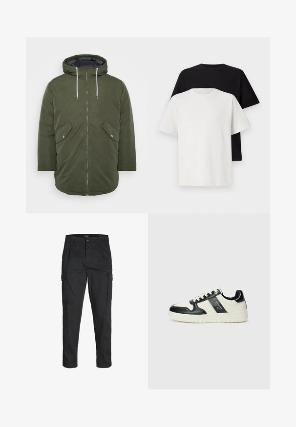 Olive green padded jacket with a hood, zip closure, two front pockets, and white drawstrings, featuring a smooth exterior texture.; Cotton t-shirt set featuring a black top and a white top, both with short sleeves, round neckline, and standard fit. Textured fabric.; Black cargo pants made of sturdy fabric, featuring multiple pockets, a button closure, and a slim fit design with tapered legs.; Leather sneakers with a black and cream color scheme, featuring perforated accents, a padded collar, and a textured outsole.