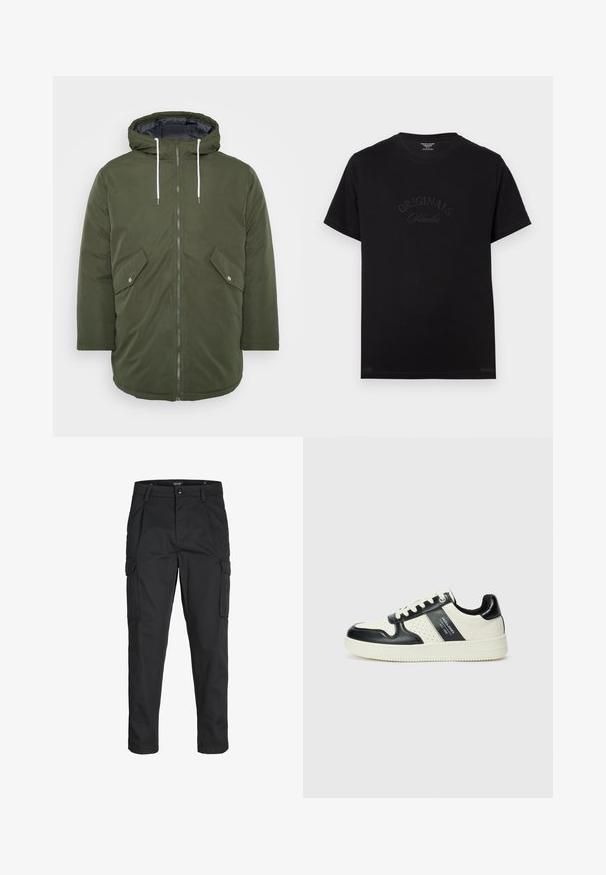 Olivgrüne gepolsterte Jacke mit Kapuze, Reißverschluss, zwei Fronttaschen und weißen Kordeln, mit einer glatten Außentextur.; Schwarzes Baumwoll-T-Shirt mit kurzen Ärmeln und rundem Halsausschnitt. Auf der Vorderseite befindet sich der Schriftzug "ORIGINALS Studio" in eingeprägten, tonalen Buchstaben.; Schwarze Cargo-Hose aus robustem Material, mit mehreren Taschen, einem Knopfverschluss und einem Slim-Fit-Design mit schmal zulaufenden Beinen.; Leder-Sneaker in Schwarz- und Cremetönen, mit perforierten Akzenten, einem gepolsterten Kragen und einer strukturierten Laufsohle.