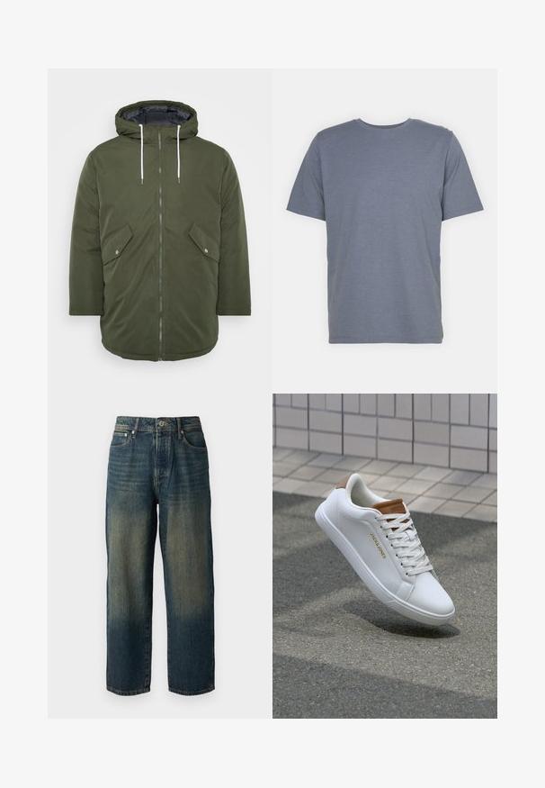 Jachetă căptușită verde măsliniu cu glugă, închidere cu fermoar, două buzunare frontale și șnururi albe, având o textură exterioară netedă.; Tricou gri cu mânecă scurtă, cu guler rotund, confecționat dintr-un material moale din amestec de bumbac. Design simplu, fără modele sau accente.; Jeans din denim albastru cu croi drept, având un design decolorat cu nuanțe mai deschise spre tiv, cinci buzunare și închidere cu buton.; Adidași din piele albă cu o textură netedă, accent bej pe călcâi, logo auriu pe lateral și o talpă din cauciuc cu un grip texturat.