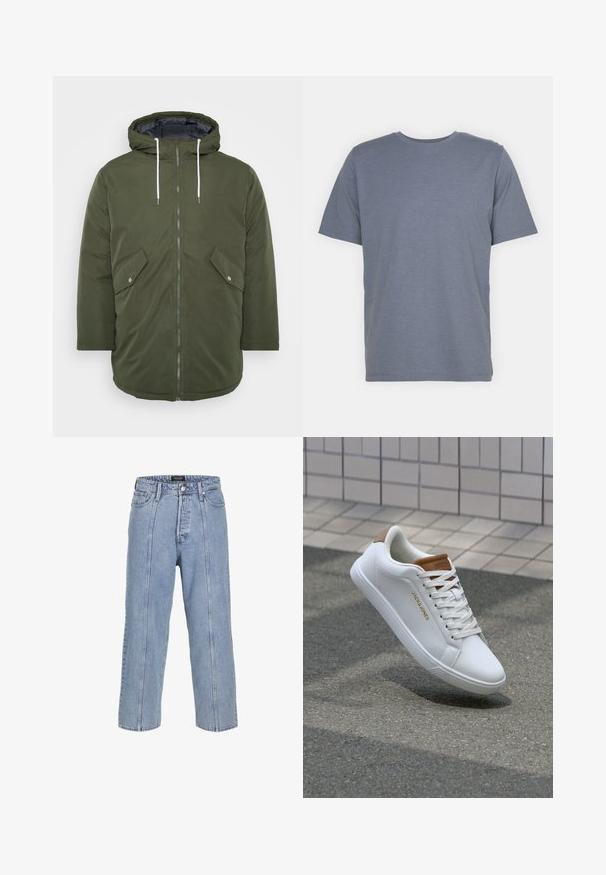 Oliven grønn polstret jakke med hette, glidelås foran, to frontlommer og hvite snorer, med en jevn ytre tekstur.; Grå kortermet T-skjorte med rund hals, laget av myk bomullsblanding. Enkel design, ingen mønstre eller accenter.; Lyse blå denimjeans med løs passform, vide ben og synlige sømdetaljer. Har en knapp- og glidelåsåpning samt fem lommer.; Hvite skinn sneakers med en glatt tekstur, karmelakent på hælen, gulllogo på siden, og en gummisåle med teksturert grep.