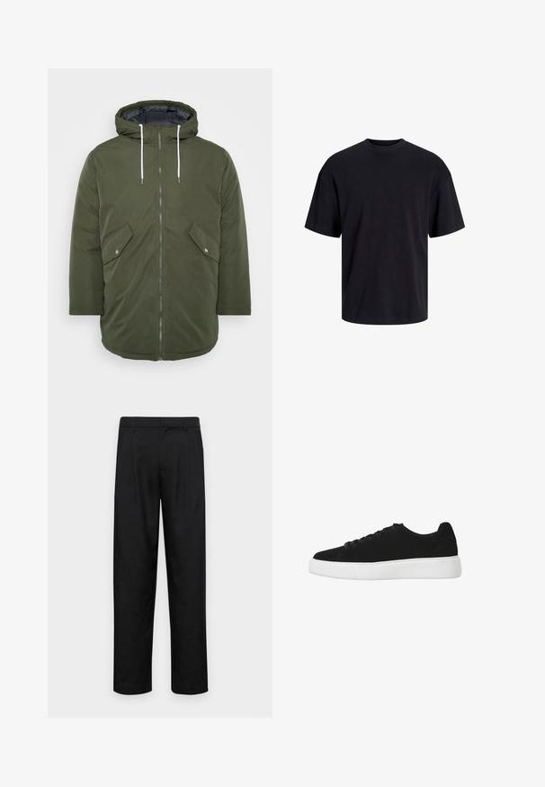 Alyvuogių žalios spalvos paminkštinta striukė su gobtuvu, užtrauktuku, dviem priekinėmis kišenėmis ir baltomis savo tvirtinimo virvėmis, pasižyminti glotnia išorine tekstūra.; Juodas medvilninis marškinėlis su apvaliu iškirpimu, trumpomis rankovėmis ir laisvu siluetu. Glotni tekstūra, be matomų raštų ar akcentų.; Juodi kelnių modeliai, pagaminti iš lygios medžiagos, turi tiesią kojas, du priekiniai klostės ir standartinę juosmenį su diržo kilpomis.; Juodas zomšiniai sportbačiai su apvaliu nosiu, raišteliais priekyje ir baltu guminiu padu. Paprastas dizainas su minimaliais akcentais ir lygiu paviršiumi.