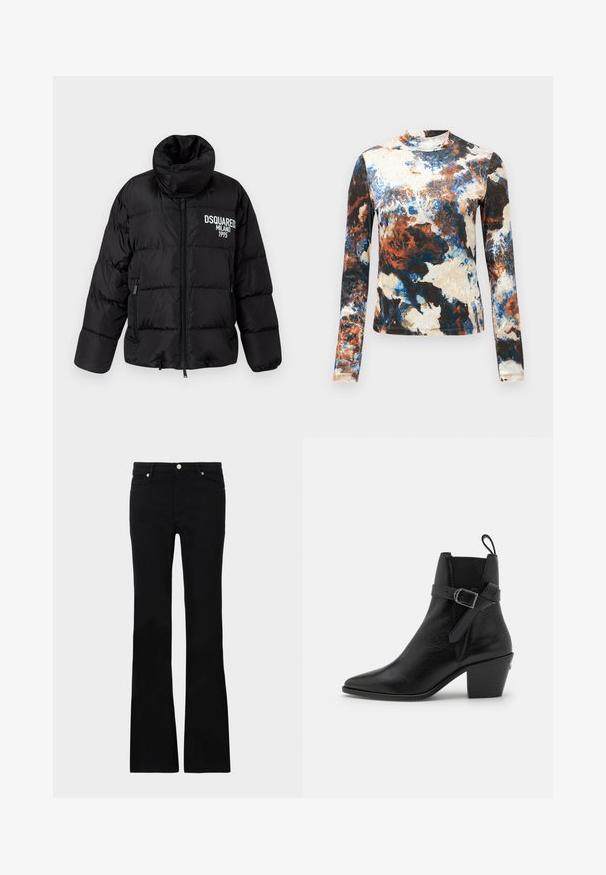 Black puffer jacket with high collar, zip closure, two side pockets, and white "DSQUARED2 MILANO 1995" logo on the chest. Smooth, shiny texture.; Long-sleeve top in a blend of blue, brown, and cream abstract patterns. Soft fabric with a fitted design and high neck.; Black flared jeans made of denim, featuring two front pockets, a button closure, and a smooth texture. Signature stitching visible at seams.; Black leather ankle boot with pointed toe, block heel, and side buckle detail. Features smooth texture and a pull tab at the back.