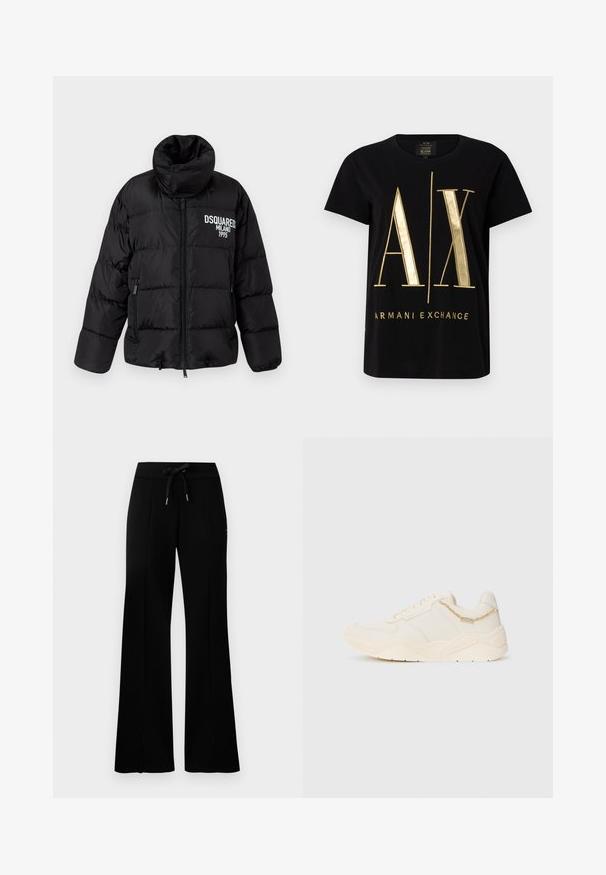Melna pūkainā jaka ar augstu apkakli, rāvējslēdzēju, divām sānu kabatām un baltu "DSQUARED2 MILANO 1995" logo uz krūtīm. Gluda, spīdīga tekstūra.; Melna kokvilnas T-krekls ar izteiksmīgu zeltainu "A/X" logotipu un "ARMANI EXCHANGE" tekstu, īsām piedurknēm, apaļu apkakli, gludu tekstūru.; Melnas platās svārku bikses ar sašūtu jostu, sānu iegriezumiem, mīkstu audumu un glītu dizainu.; Kremkrāsas kedas ar gludu ādas augšdaļu, fakturētām akcentēm, šuvju detaļām un masīvu gumijas zoli. Iekļauta maza dekoratīva ķēdīte.