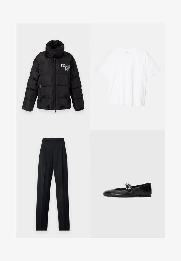 Fekete puffertakaró, magas gallérral, cipzárral, két oldalsó zsebbel és fehér "DSQUARED2 MILANO 1995" felirattal a mellkasán. Sima, fényes állagú.; Fehér pamut póló rövid ujjal, kerek nyakkivágással, laza fazonnal és varrott szegéllyel. Címke látható a belső nyakrészén.; Fekete nadrág sima anyagból, magas derékkal, széles lábakkal, elülső redőkkel és klasszikus övhurkokkal. Oldalzsebek nem láthatók.; Fekete bőr balettcipők, hegyes orral, kör alakú fémbújtatóval ellátott pánttal és lapos talppal.