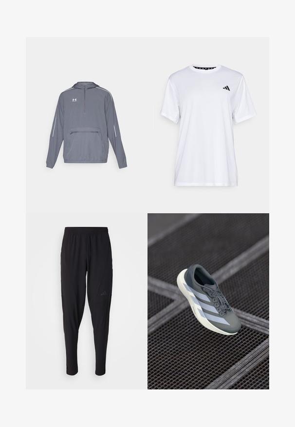 Harmaa kevyt huppari, jossa on puolivetoketju etuosassa, joustava helma ja vetoketjullinen tasku edessä. Hupparissa on valkoiset korostusviivat hihoissa.; Valkoinen urheilupaita lyhyillä hihoilla, valmistettu kosteutta siirtävästä kankaasta. Vasemmassa rinnassa on musta logo ja kauluksen sisäpuolella on kuvio.; Mustat urheiluhousut, joissa on joustava vyötärö, kapeneva malli, sivutaskut ja hillitty logoyksityiskohta. Valmistettu joustavasta ja hengittävästä kankaasta.; Urheilukengät harmaana ja valkoisena, valmistettu synteettisestä materiaalista, virtaviivaisella muotoilulla, tekstuurilla ja näyttävällä nauhoitusjärjestelmällä.