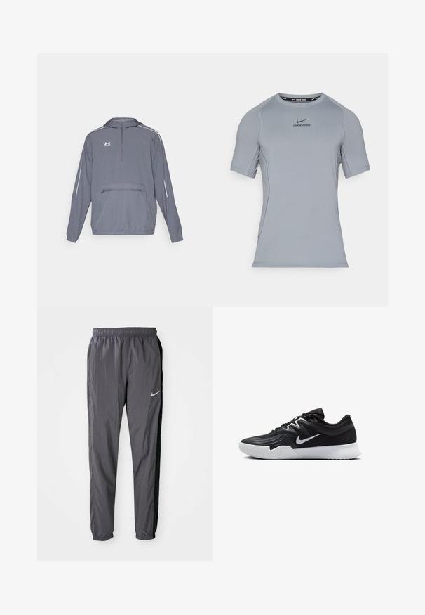 Veste à capuche légère grise avec un zip avant mi-long, un ourlet élastique et une poche avant zippée. Présente des lignes blanches d'accentuation sur les manches.; T-shirt de sport gris à manches courtes fabriqué en tissu lisse et extensible. Il présente un col rond et le logo Nike Pro en noir sur la poitrine.; Pantalons de survêtement Nike, fabriqués en tissu léger, de couleur gris foncé avec des panneaux latéraux noirs. Présente une taille élastique et un logo réfléchissant.; Chaussure de sport noire avec une tige texturée, un swoosh blanc de Nike et une semelle extérieure en caoutchouc blanc. Elle présente un design à lacets et une forme dynamique.